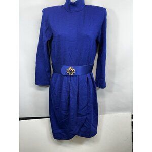 Vintage St. John Knit Dress Long Sleeve Royal Blue Size 2 Belt High Neck